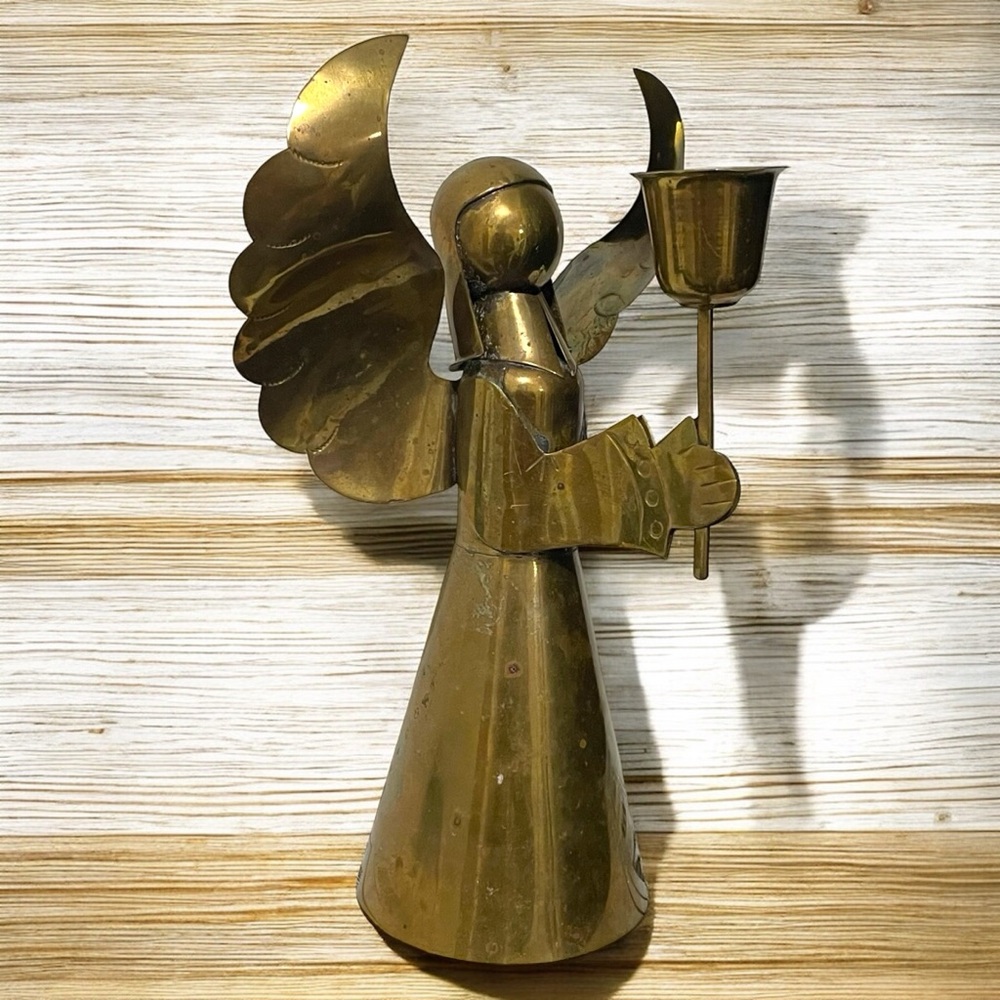 Vintage MCM Artistic Handwrought Brass Candle Holder Angel 8.5” Mexico Signed